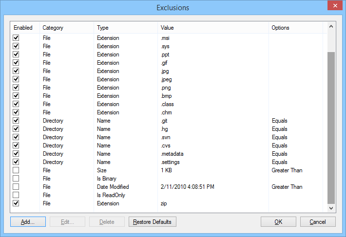 Exclusions Screen